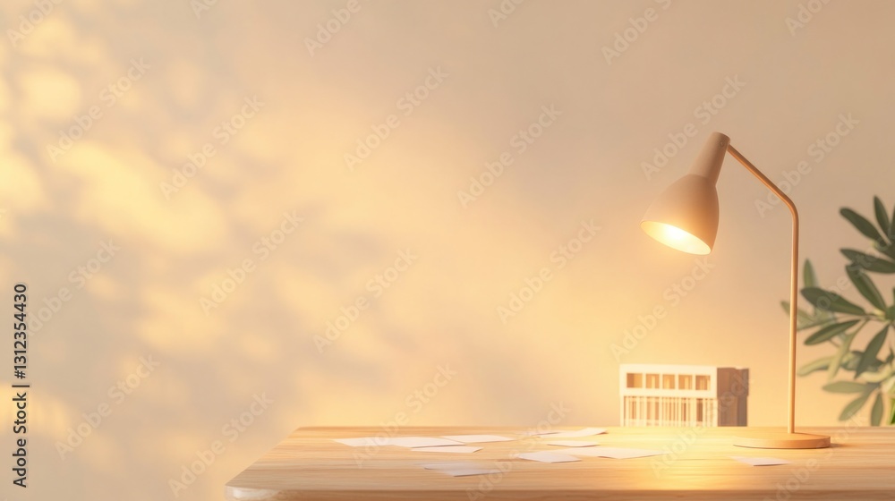 Poster minimalist workspace with architectural sketches scattered on wooden desk illuminated by single desk