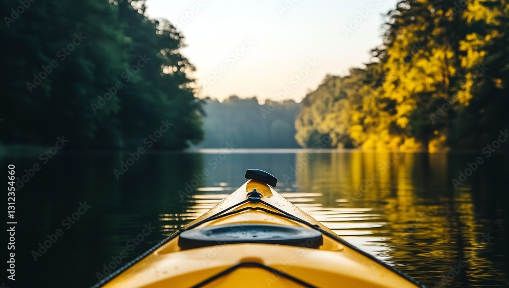 Aufkleber serene early morning on a peaceful lake viewed from the front of a yellow kayak : generative ai