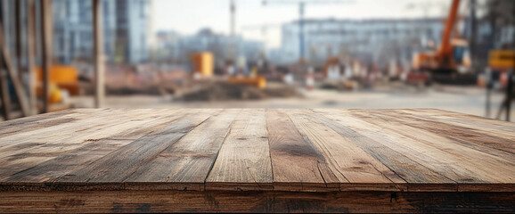 Rustic wooden table against blurred construction site background, showcasing product placement or advertisement space, suggesting themes of industry, construction, and development