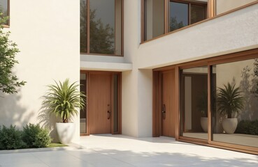 Fototapeta premium Modern home facade with wooden doors, window frames. Minimalist building entrance, exterior. Stylish urban house design with simple, clean lines, neutral tones, plants. Facades create welcoming