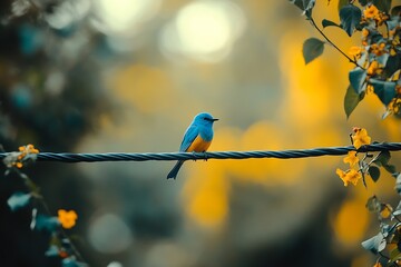 Vibrant Blue Bird on a Wire Surrounded by a Colorful Autumn Background : Generative AI