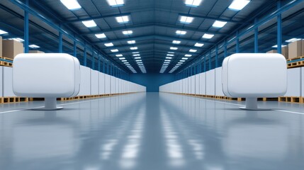 Obraz premium Modern Warehouse Interior: Rows of Packages and Blank Displays