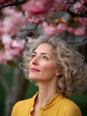 Caucasian mature female enjoying cherry blossom in yellow dress.