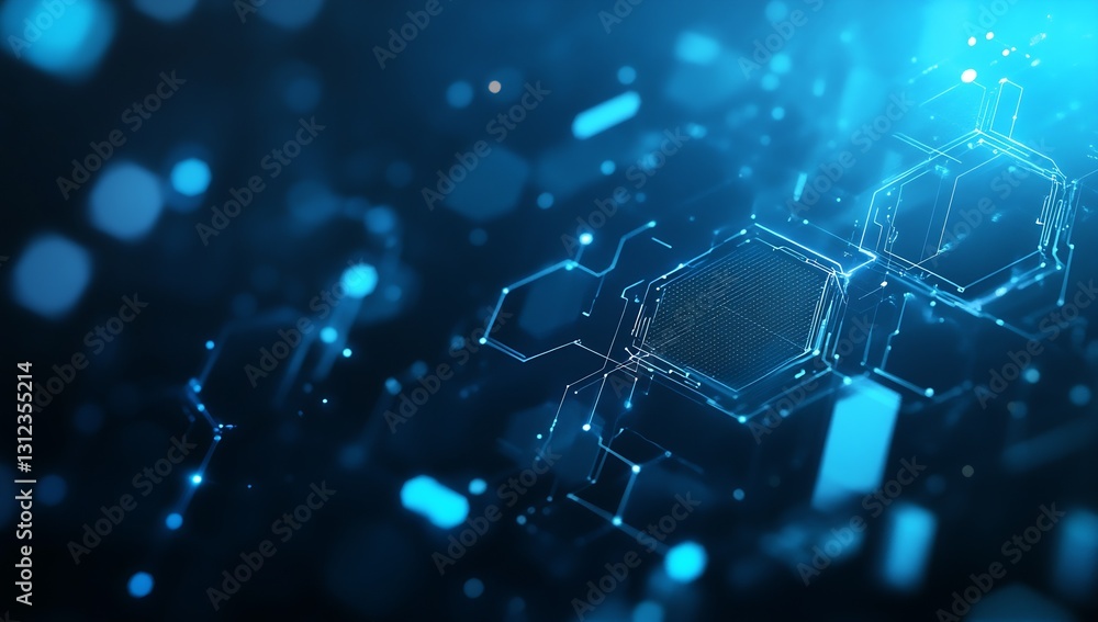 Aufkleber Futuristic abstract digital background with glowing hexagons and blue lights for technology themes : Generative AI