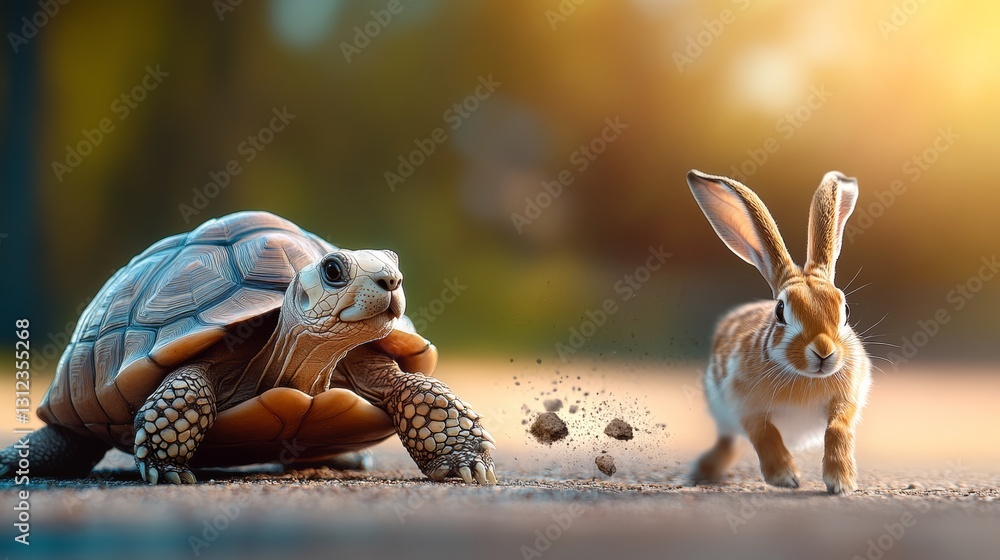 Poster turtle and a rabbit are running on the ground. the rabbit is faster than the turtle