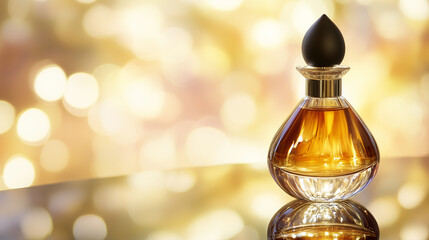 Luxurious glass perfume bottle with golden hues on a reflective surface
