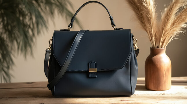 elegant navy blue structured handbag with crossbody strap