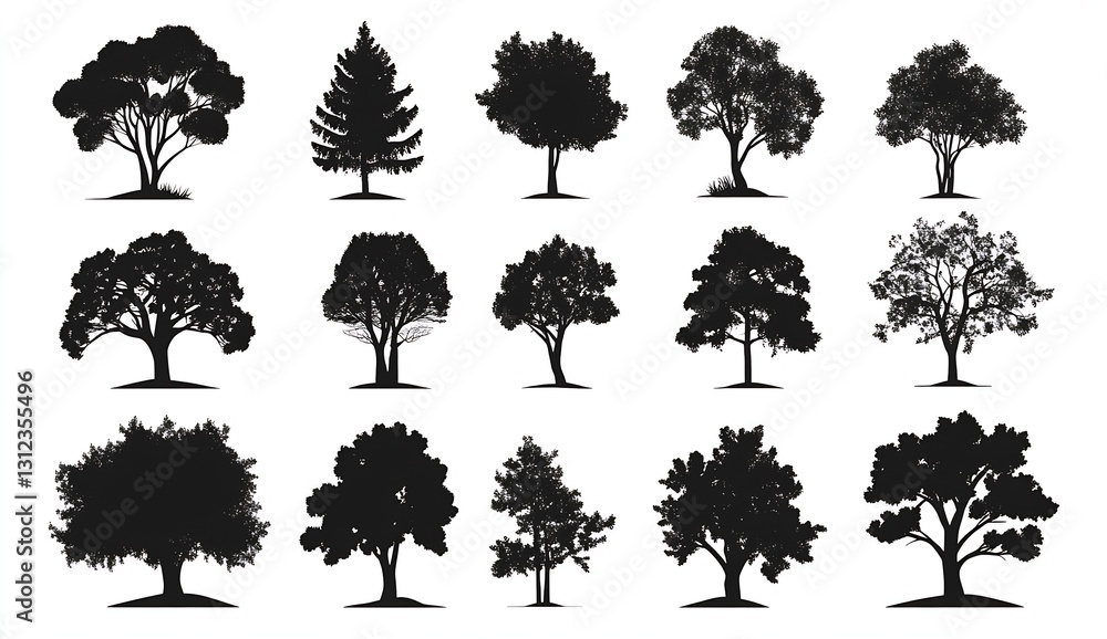 Poster diverse array of fifteen tree silhouettes ideal for nature and landscape illustrations : generative 