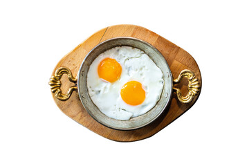 Close-up of perfectly fried eggs in a pan, ideal for showcasing traditional breakfast or food photography concepts.