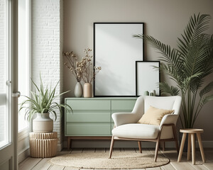 serene living room interior with green cabinet armchair and plants