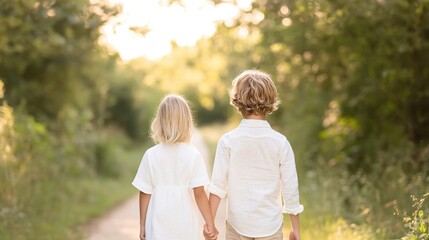 pair of siblings enjoying peaceful afternoon walk hand in hand through sun-dappled forest path