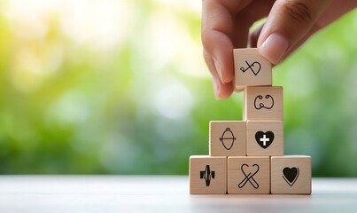 Creating a Heart Health Structure with Wooden Blocks Representing Medical and Fitness Icons : Generative AI