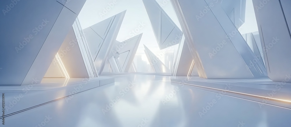 Poster Futuristic and elegant interior layout showcasing angular shapes and reflective surfaces under soft light : Generative AI