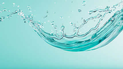 Captivating splash of water creating dynamic shapes against soft turquoise background, showcasing beauty and fluidity of liquid motion