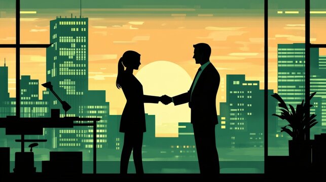 Silhouette of a business handshake at sunset in a modern office overlooking the city