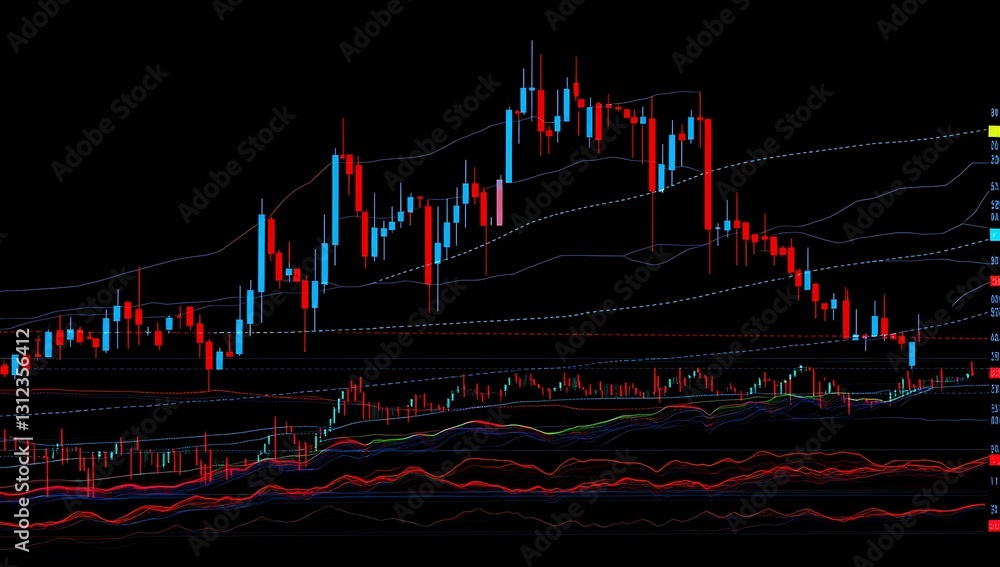 Poster detailed view of complex trading chart showcasing market movements through vivid red and blue lines 