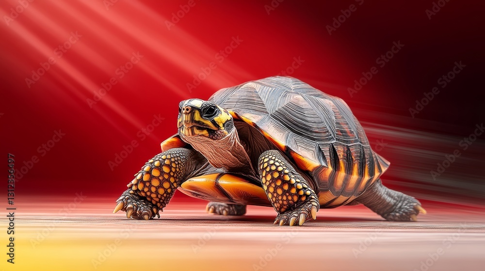 Poster turtle is walking on a red background. the turtle is small and has a yellow and orange shell