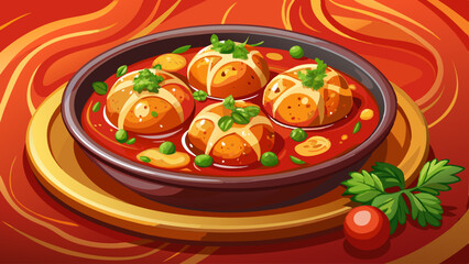 Delicious Paneer Stuffed Dum Aloo in Rich Red Gravy - Indian Cuisine Stock Photo