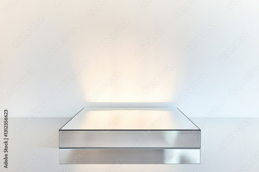 Poster polished reflective podium with clean mirrored surfaces highlighted by subtle lighting in minimalist