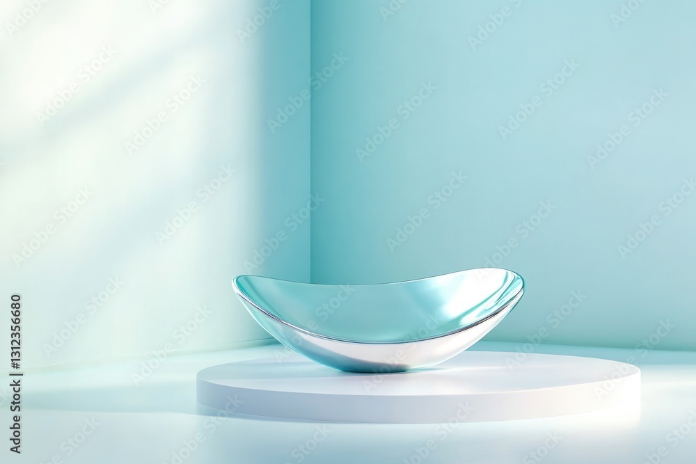 Poster polished reflective podium with seamless surfaces highlighted under diffused lighting in minimal set