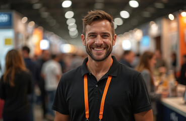 Close-up portrait of smiling man exhibiting product at trade fair. Modern business communication, interaction with customers, brand promotion, networking opportunities at expo event. Pro presentation
