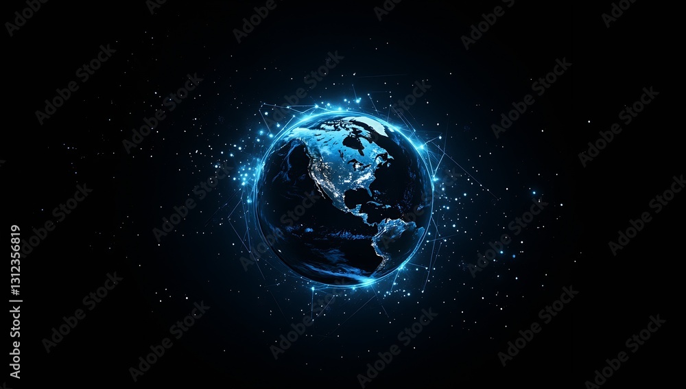 Poster Futuristic earth model in space surrounded by glowing lights and interconnected data lines showcasing technology : Generative AI