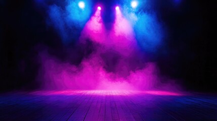 Fototapeta premium Neon Stage Lighting, Purple and Blue Smoke on Wooden Floor