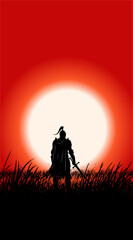 Obraz premium Silhouette of a knight in armor on the grassland
