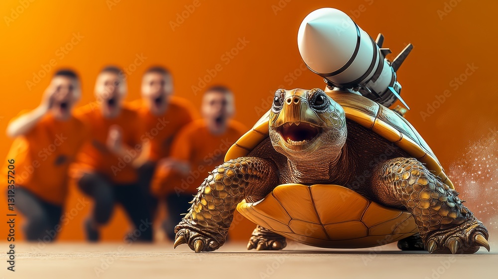 Poster turtle is shown with a rocket strapped to its back. the turtle is in the middle of a group of people