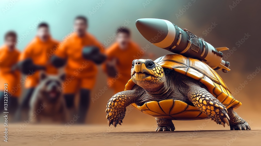 Poster turtle is carrying a rocket on its back. the turtle is in the foreground and the rocket is in the ba