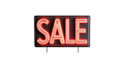 Red neon sign showing sale announcement on transparent background