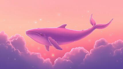 Dreamy Whale Swimming Through Clouds Surrounded by Stars in a Magical Sky at Sunset