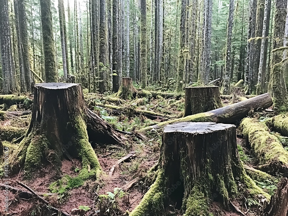 Poster collection of tree stumps covered with moss amidst towering trees in a lush forest environment : gen