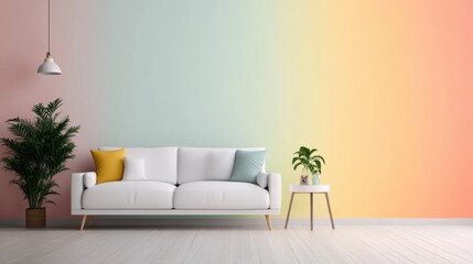 Modern living room interior with pastel ombre wall, white sofa, plants, and side table.