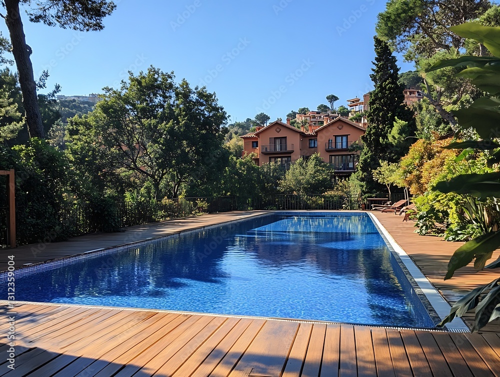 Aufkleber Charming swimming pool view with lush greenery and modern architecture in a sunlit garden setting : Generative AI
