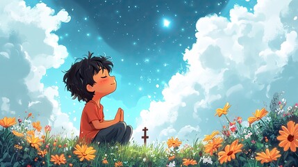 cartoon illustration of a boy sitting on the hill and praying at the cross