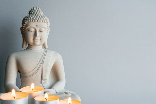 serene buddha statue with flickering candle-lit votives encapsulating tranquil essence of vesak day gentle shadows