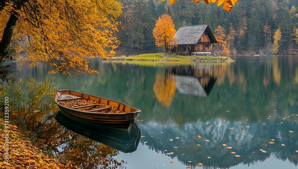 Aufkleber idyllic lake scene in autumn with a rustic cabin and a weathered boat among colorful leaves : genera