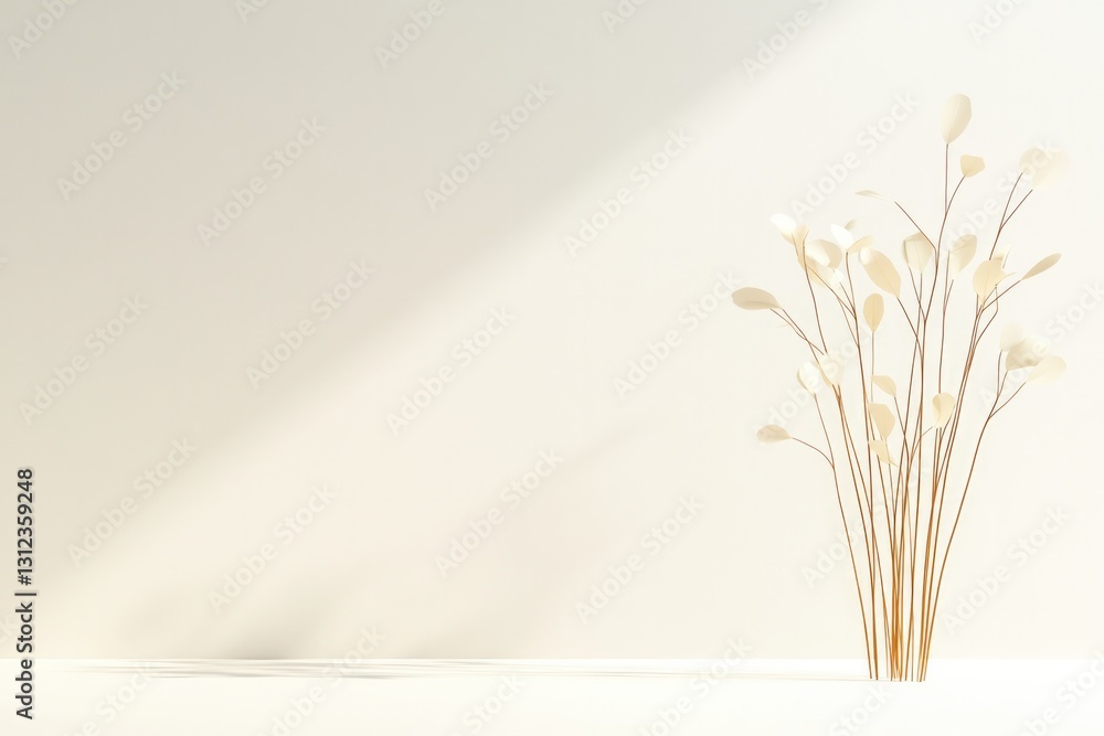Poster serene display of 3d-rendered minimalistic vegetation elegantly arranged on soft neutral backdrop