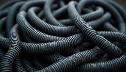 Dark flexible black corrugated hoses collection suitable for industrial, mechanical engineering use. Hard-wearing robust tubing ideal for utility infrastructure, manufacturing workshop tech design.