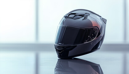 Fototapeta premium Modern motorcycle helmet with visor on mirror surface against light grey background. Space for text