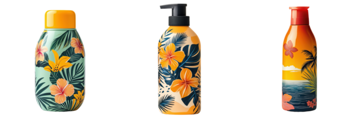 Set of Tropical Floral Pattern Bottles with Botanical Illustrations Isolated on a Transparent Background