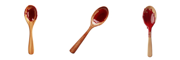 Three Wooden Spoons with Blood Isolated on a Transparent Background