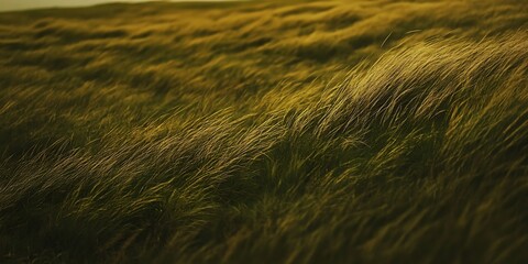 Golden field, windswept grass swaying gently. Serene nature scene