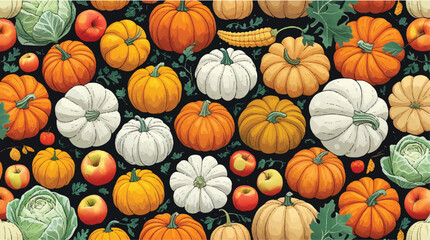 Autumn bounty with pumpkins, gourds, and fresh produce.Art & Illustration