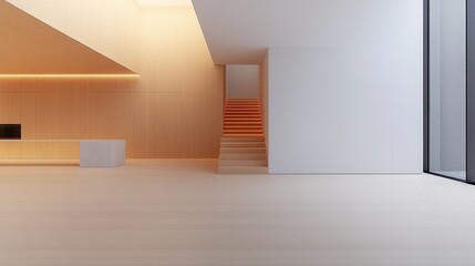 Modern Minimalist Interior Design: Open Space with Wooden Walls and Orange Staircase