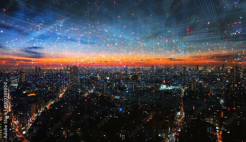 Aufkleber breathtaking twilight cityscape of tokyo with high technology and streaming data overlay effects : g