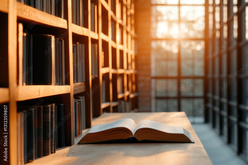 Poster serene library interior with rows of bookshelves and single open book on wooden table under soft lig