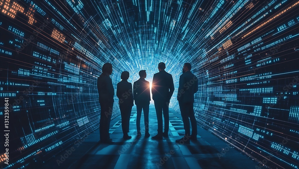 Poster silhouetted business team standing against a futuristic digital background with bright light burst :