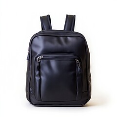 Naklejka premium Black leather backpack with multiple zippered compartments, photographed against a bright white background. The bag is compact and stylish